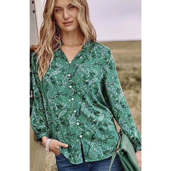 J Jill Green Paisley Print Long Sleeve Ruffle Satin Button Shirt Blouse Size XS - Picture 1 of 13
